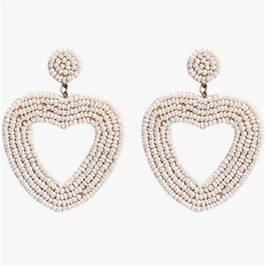 2.5" Handmade Large White Heart Beaded Earrings Beads Handmade